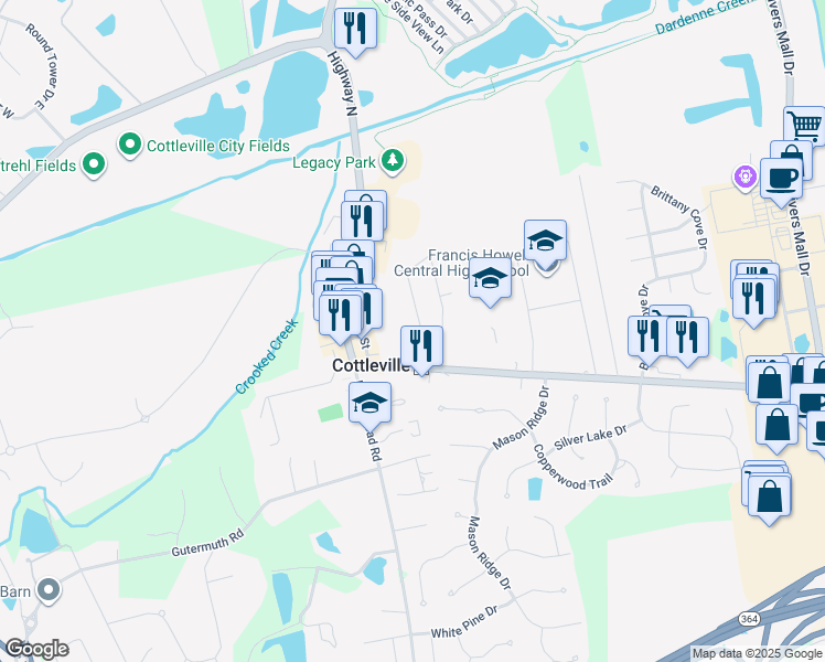 map of restaurants, bars, coffee shops, grocery stores, and more near 5327 Pinefield Drive in Cottleville
