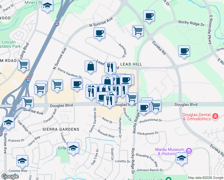 map of restaurants, bars, coffee shops, grocery stores, and more near 1400 Lead Hill Blvd in Roseville