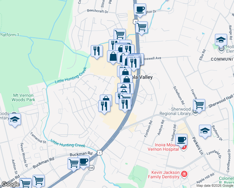 map of restaurants, bars, coffee shops, grocery stores, and more near 7800 Belford Drive in Alexandria