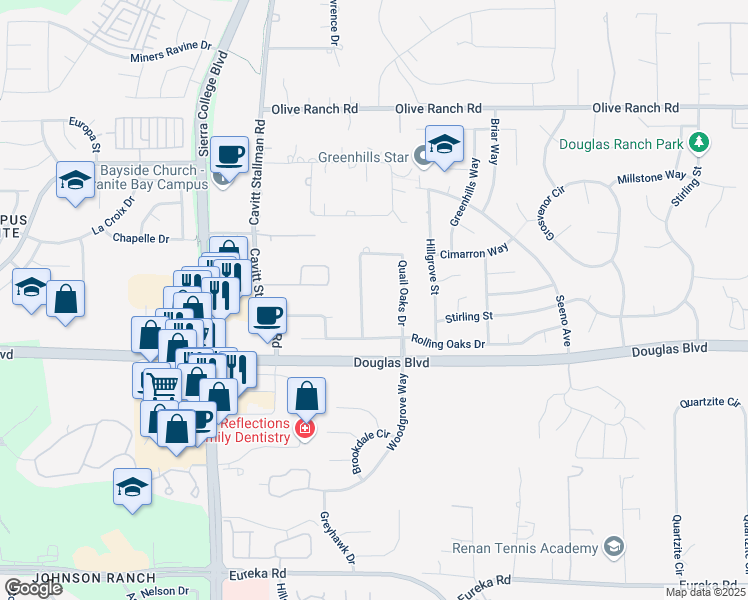 map of restaurants, bars, coffee shops, grocery stores, and more near 8515 Quail Oaks Drive in Roseville