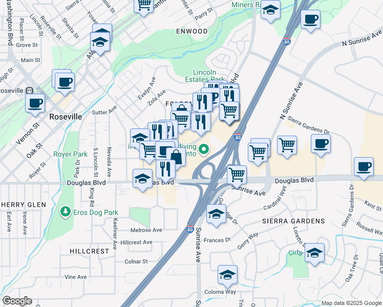 map of restaurants, bars, coffee shops, grocery stores, and more near 361 Roseville Square in Roseville