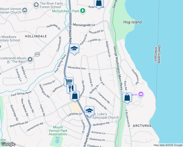 map of restaurants, bars, coffee shops, grocery stores, and more near 7805 Accotink Place in Alexandria