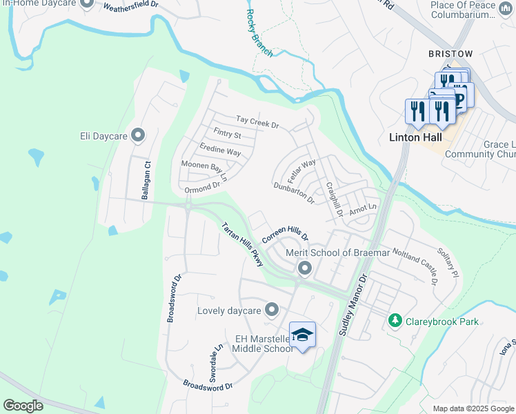 map of restaurants, bars, coffee shops, grocery stores, and more near 13030 Shenvale Circle in Bristow
