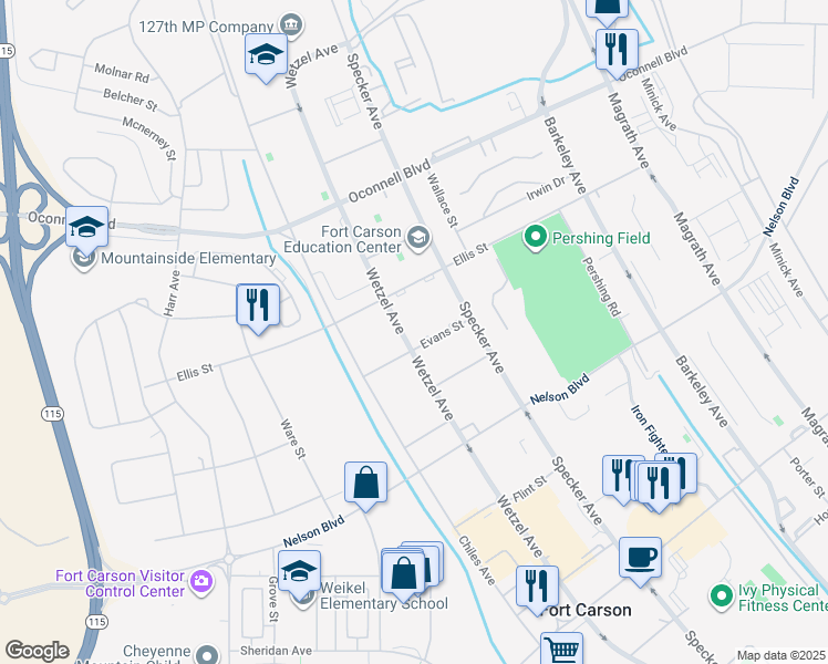 map of restaurants, bars, coffee shops, grocery stores, and more near Evans Street in Fort Carson