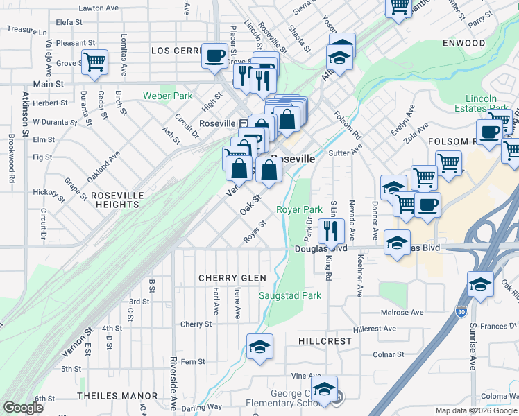 map of restaurants, bars, coffee shops, grocery stores, and more near 500 Oak Street in Roseville