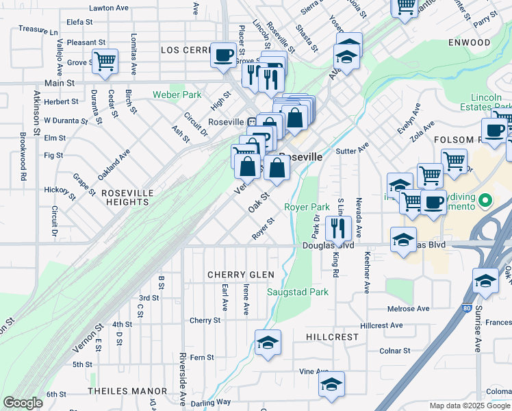 map of restaurants, bars, coffee shops, grocery stores, and more near 500 Oak Street in Roseville