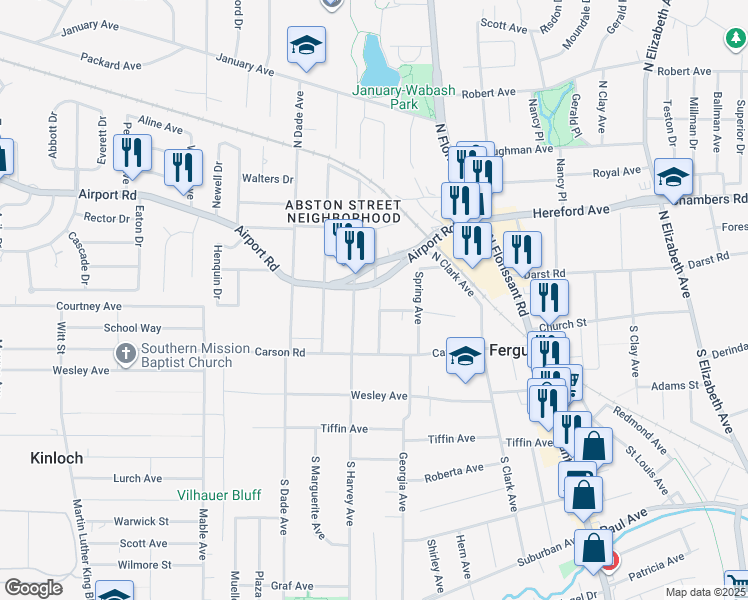 map of restaurants, bars, coffee shops, grocery stores, and more near 504 Airport Road in Ferguson