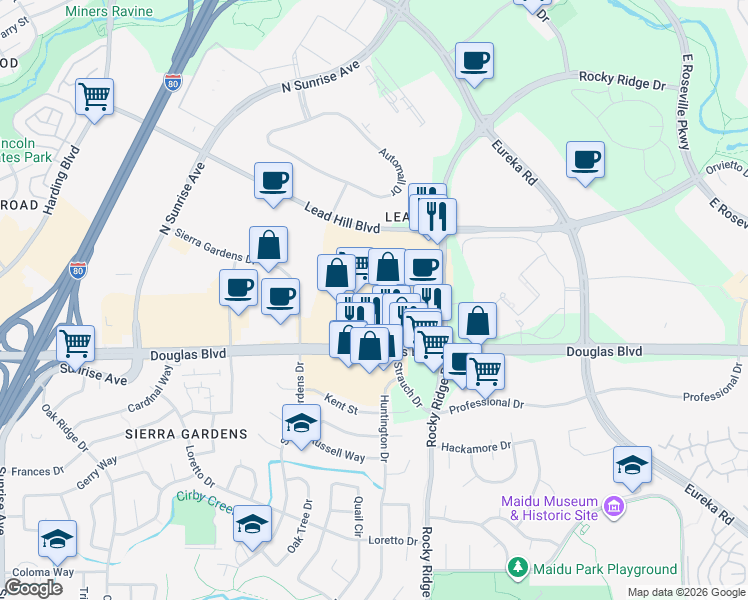 map of restaurants, bars, coffee shops, grocery stores, and more near Unnamed Road in Roseville