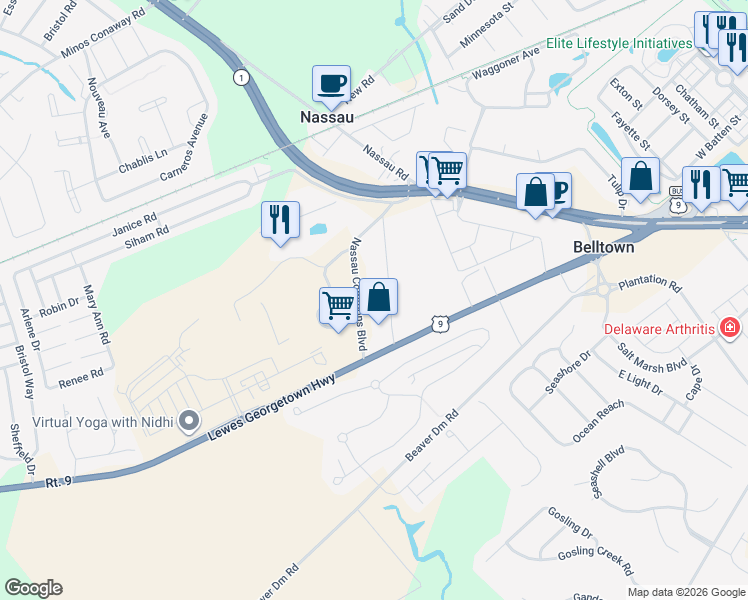 map of restaurants, bars, coffee shops, grocery stores, and more near 17553 Nassau Commons Boulevard in Lewes