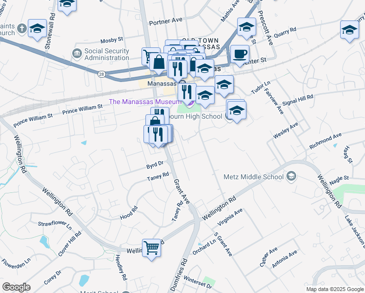 map of restaurants, bars, coffee shops, grocery stores, and more near 9617 Brent Street in Manassas