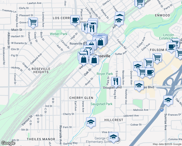 map of restaurants, bars, coffee shops, grocery stores, and more near 500 Oak Street in Roseville