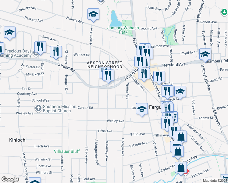 map of restaurants, bars, coffee shops, grocery stores, and more near 504 Airport Road in Ferguson
