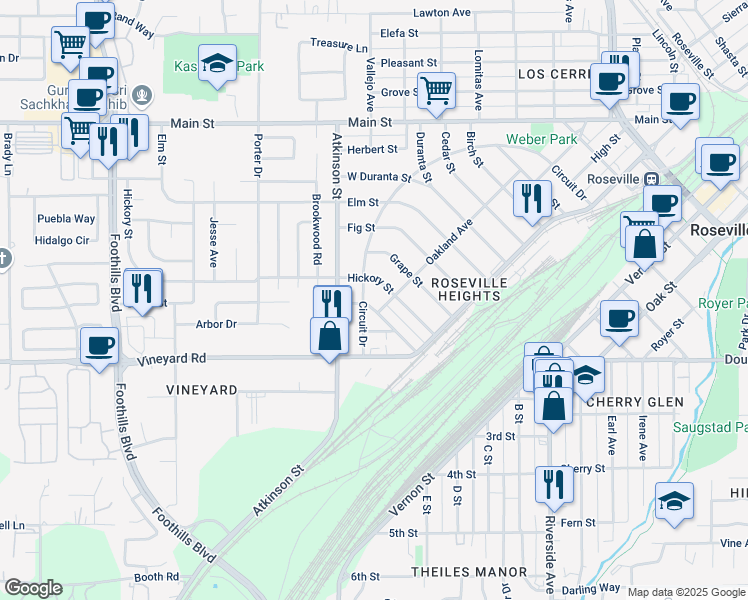 map of restaurants, bars, coffee shops, grocery stores, and more near 250 Ivy Street in Roseville