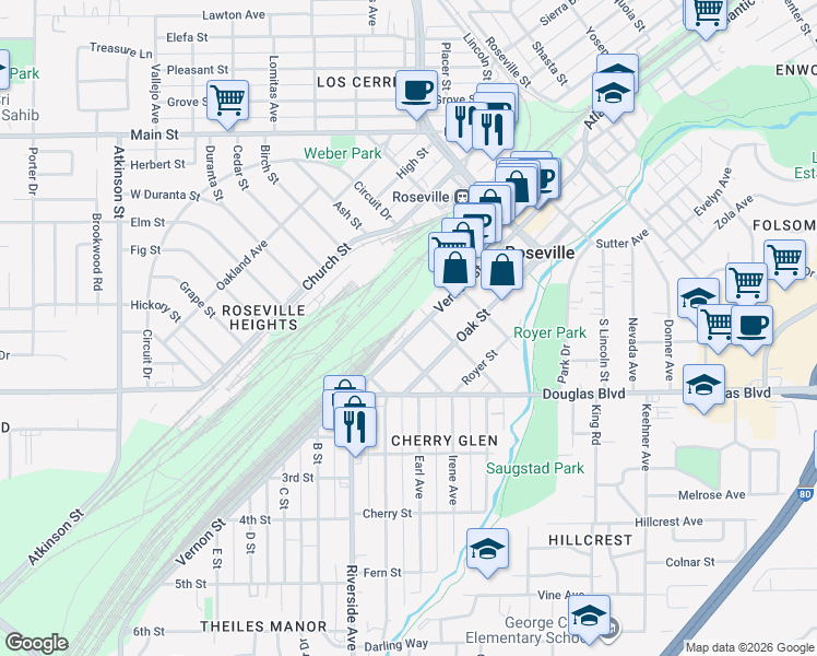 map of restaurants, bars, coffee shops, grocery stores, and more near 634 Vernon Street in Roseville