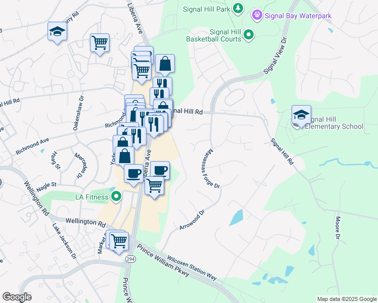 map of restaurants, bars, coffee shops, grocery stores, and more near 8198 Barnwood Road in Manassas