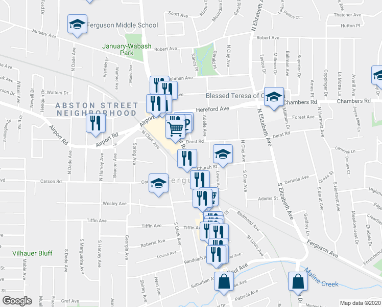 map of restaurants, bars, coffee shops, grocery stores, and more near 34 North Florissant Road in St. Louis