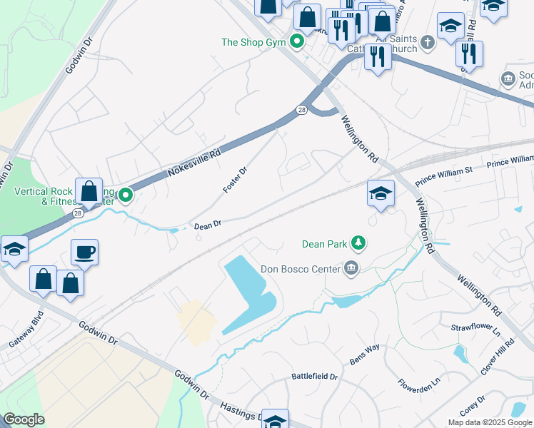 map of restaurants, bars, coffee shops, grocery stores, and more near 9795 Dean Drive in Manassas