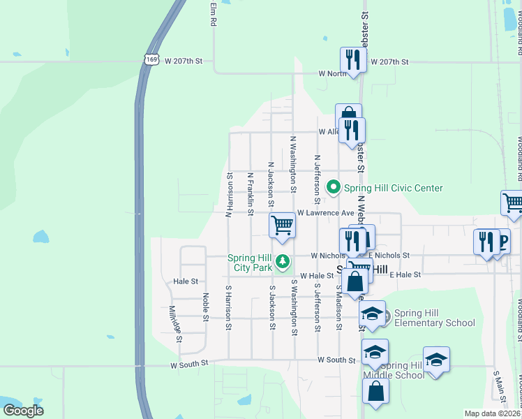 map of restaurants, bars, coffee shops, grocery stores, and more near 504 West Smith Street in Spring Hill