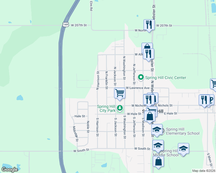 map of restaurants, bars, coffee shops, grocery stores, and more near 504 West Smith Street in Spring Hill