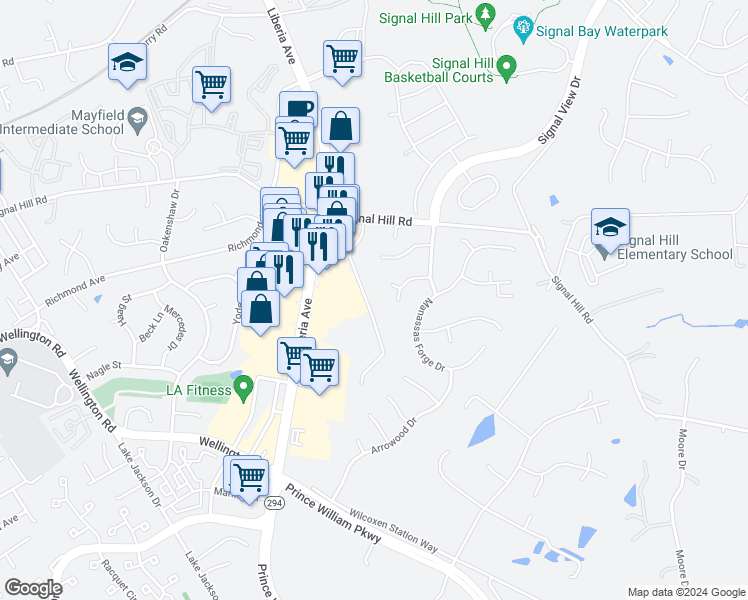 map of restaurants, bars, coffee shops, grocery stores, and more near 9629 Janet Rose Court in Manassas