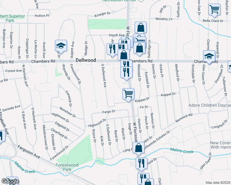 map of restaurants, bars, coffee shops, grocery stores, and more near 101 Florwood Court in St. Louis