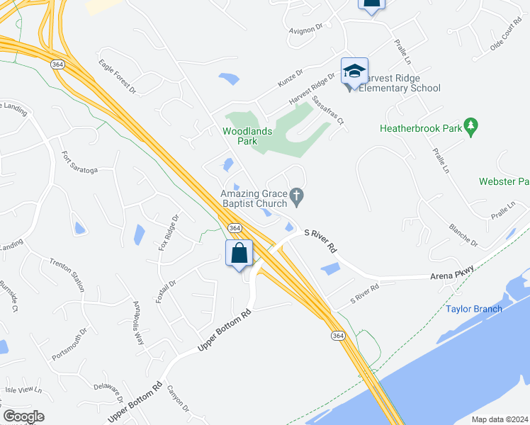 map of restaurants, bars, coffee shops, grocery stores, and more near 64 Scenic Cove Lane in Saint Charles