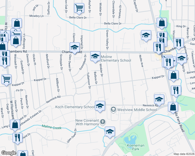 map of restaurants, bars, coffee shops, grocery stores, and more near 9825 Balboa Drive in St. Louis