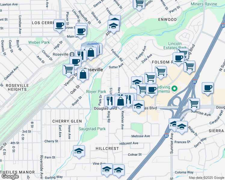 map of restaurants, bars, coffee shops, grocery stores, and more near 165 South Lincoln Street in Roseville