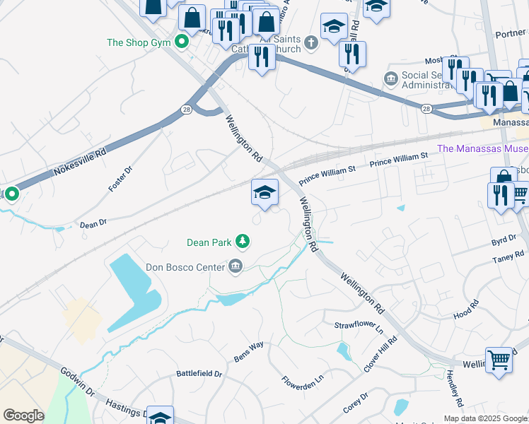 map of restaurants, bars, coffee shops, grocery stores, and more near 9601 Wellington Road in Manassas