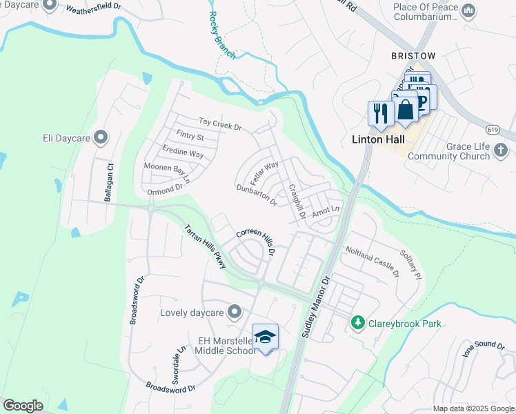 map of restaurants, bars, coffee shops, grocery stores, and more near 9627 Innerwick Place in Bristow