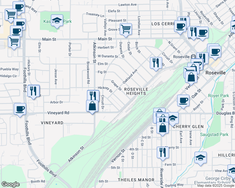 map of restaurants, bars, coffee shops, grocery stores, and more near 140 Grape Street in Roseville