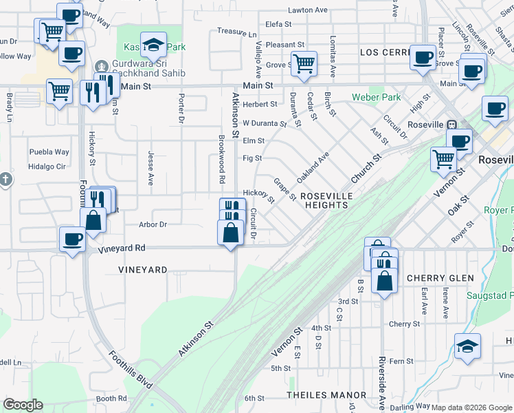map of restaurants, bars, coffee shops, grocery stores, and more near 310 Hickory Street in Roseville