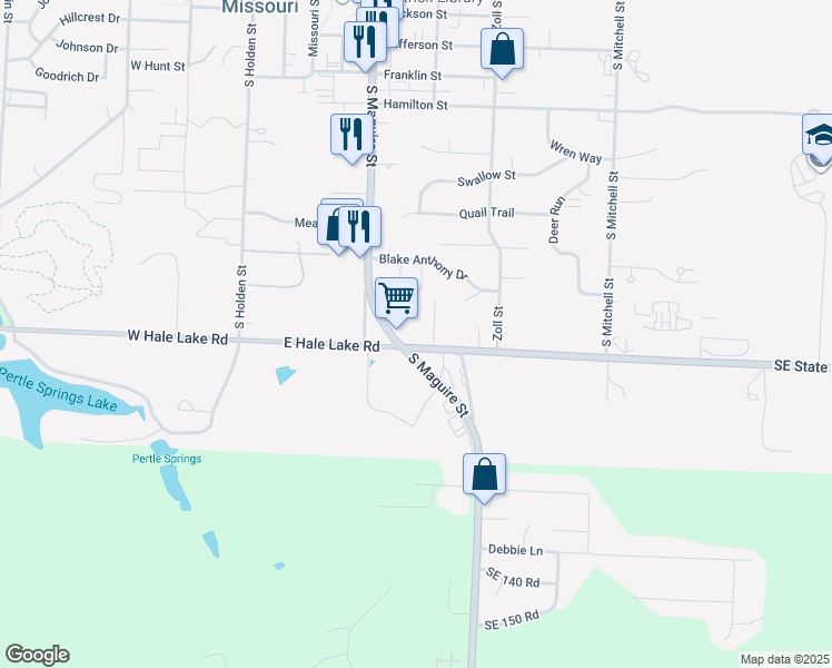 map of restaurants, bars, coffee shops, grocery stores, and more near 1109 South Maguire Street in Warrensburg
