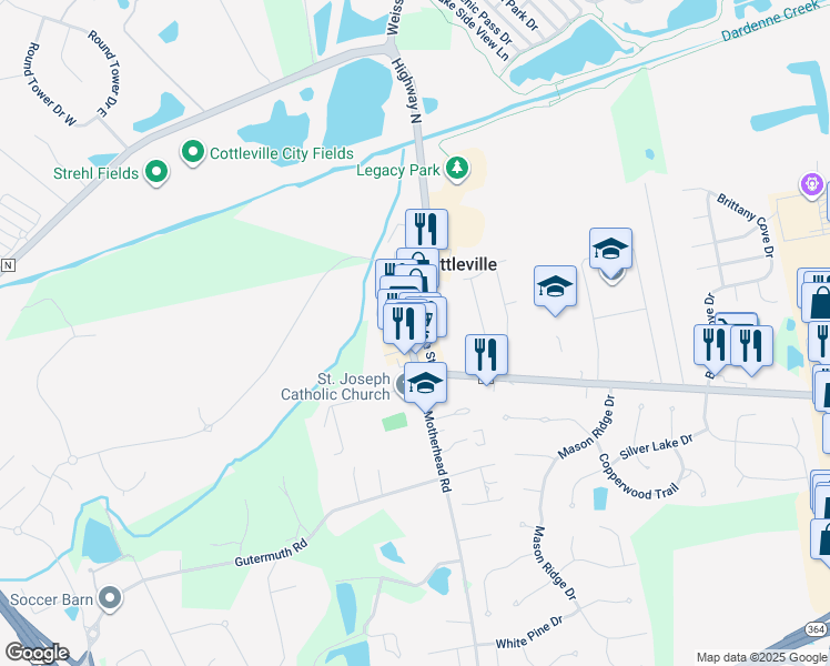 map of restaurants, bars, coffee shops, grocery stores, and more near in Cottleville