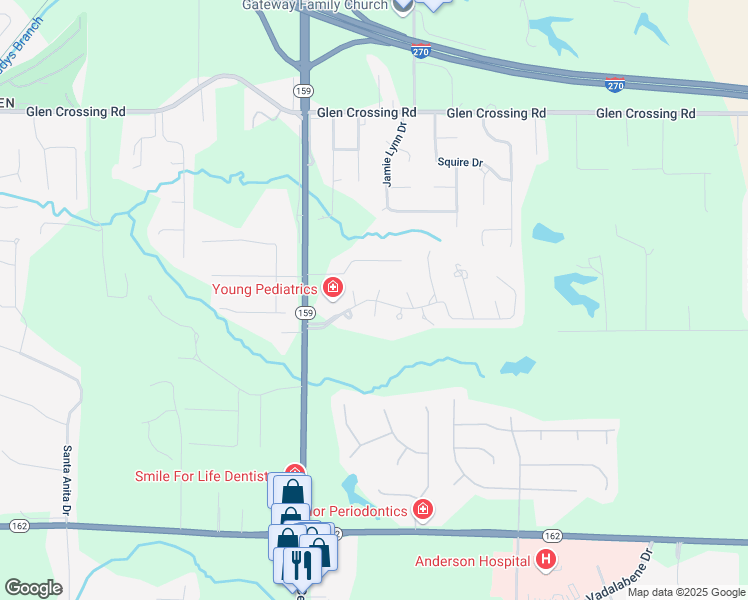 map of restaurants, bars, coffee shops, grocery stores, and more near 34 Kingsley Way in Glen Carbon