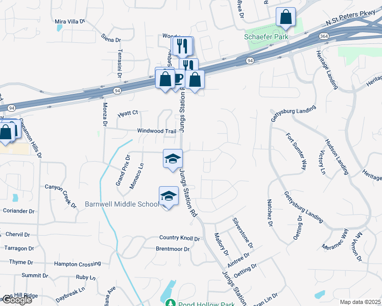 map of restaurants, bars, coffee shops, grocery stores, and more near 2995 Imperial Drive in St. Peters