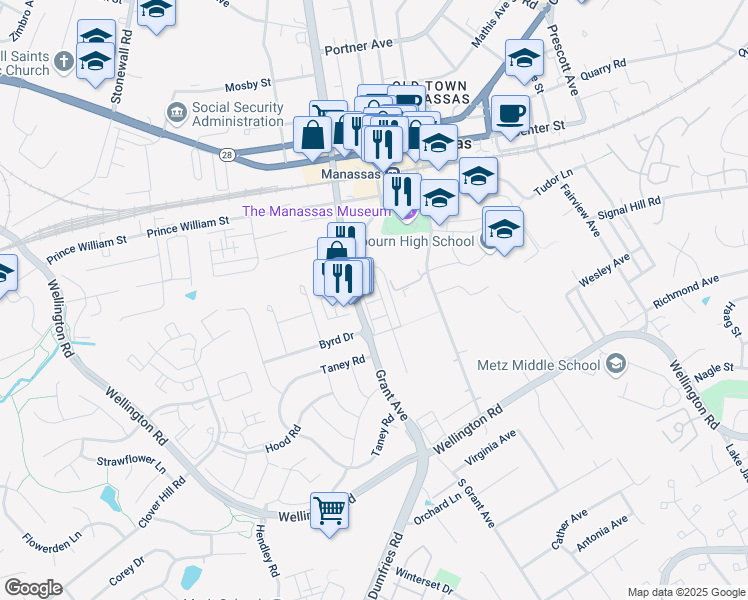 map of restaurants, bars, coffee shops, grocery stores, and more near Hummingbird Drive in Manassas