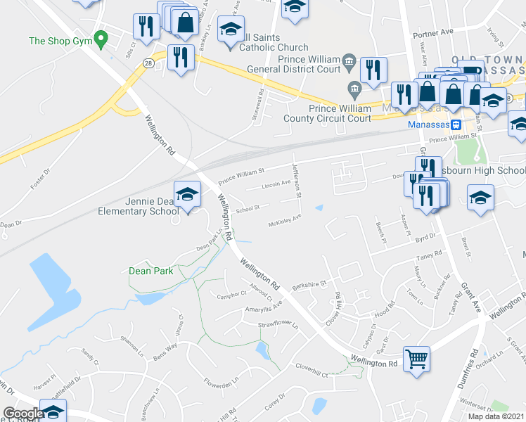 map of restaurants, bars, coffee shops, grocery stores, and more near 9523 School Street in Manassas