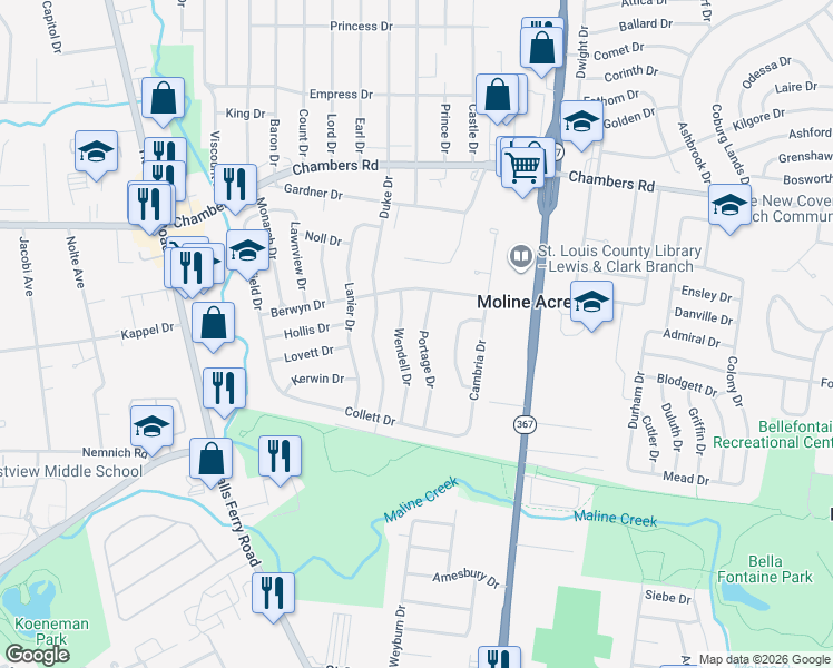 map of restaurants, bars, coffee shops, grocery stores, and more near 9819 Portage Drive in St. Louis