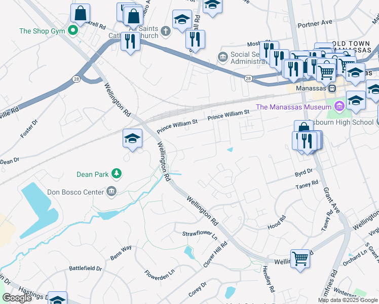 map of restaurants, bars, coffee shops, grocery stores, and more near 9523 School Street in Manassas