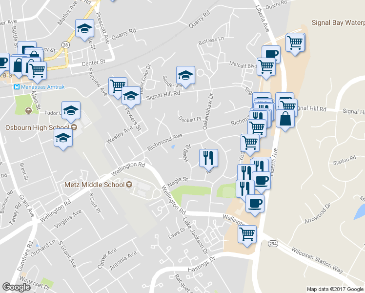 map of restaurants, bars, coffee shops, grocery stores, and more near 8614 Haag Street in Manassas