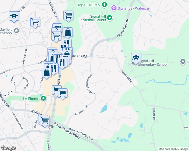 map of restaurants, bars, coffee shops, grocery stores, and more near 9649 Manassas Forge Drive in Manassas