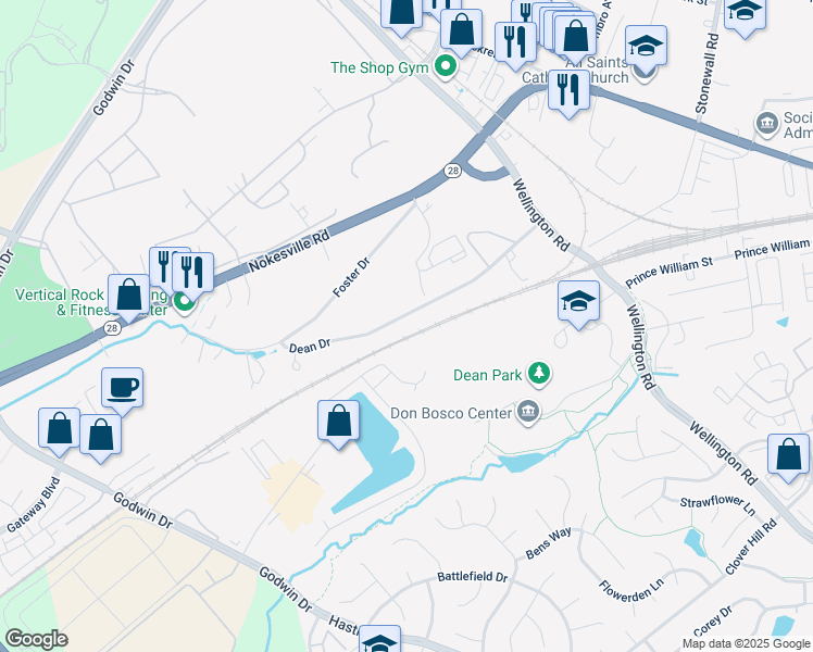 map of restaurants, bars, coffee shops, grocery stores, and more near 9791 Dean Drive in Manassas