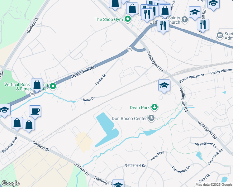 map of restaurants, bars, coffee shops, grocery stores, and more near 9791 Dean Drive in Manassas