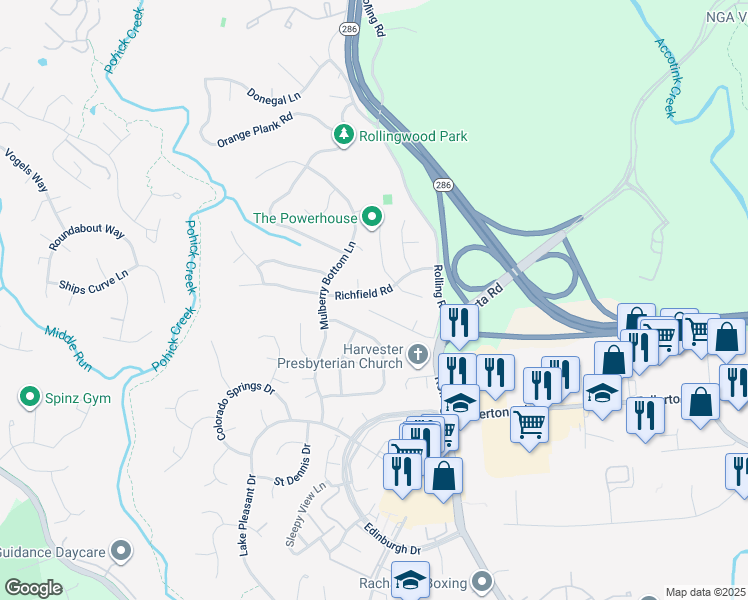 map of restaurants, bars, coffee shops, grocery stores, and more near 7815 Richfield Road in Springfield