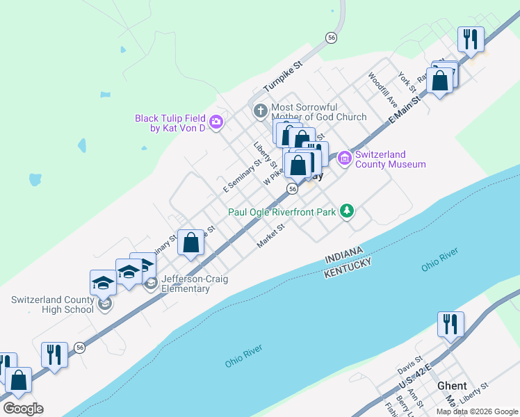 map of restaurants, bars, coffee shops, grocery stores, and more near 302 West Main Street in Vevay