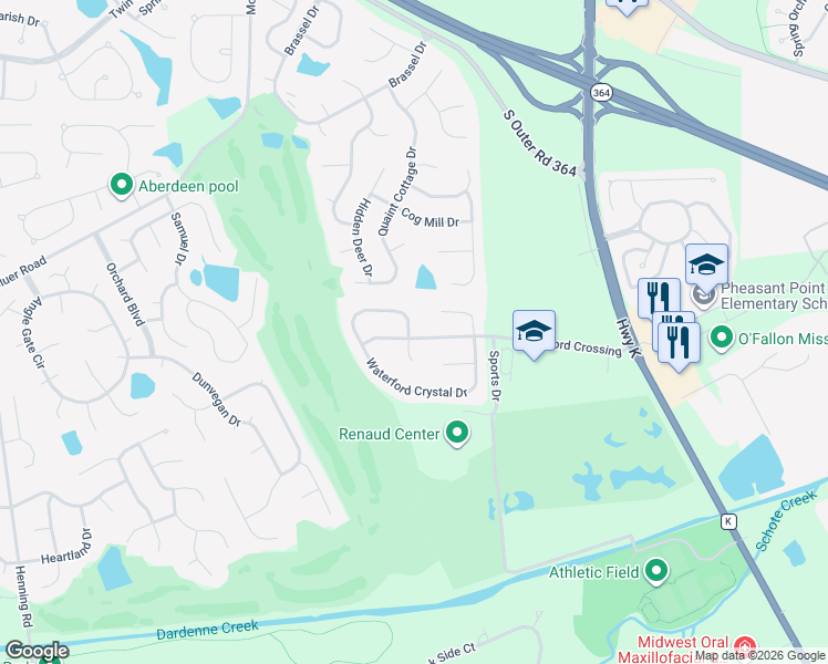 map of restaurants, bars, coffee shops, grocery stores, and more near 20 Jay Dee Court in O'Fallon