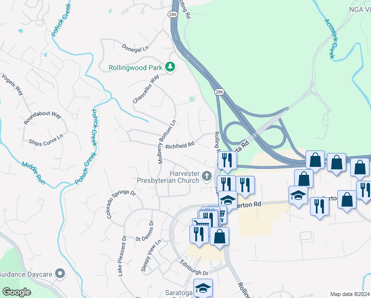 map of restaurants, bars, coffee shops, grocery stores, and more near 7815 Richfield Road in Springfield