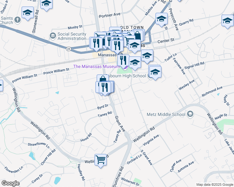 map of restaurants, bars, coffee shops, grocery stores, and more near Hummingbird Drive in Manassas