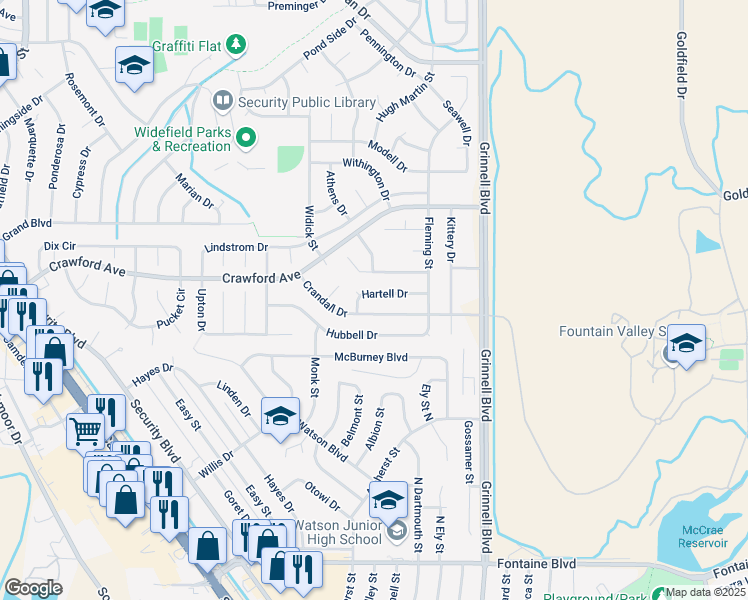 map of restaurants, bars, coffee shops, grocery stores, and more near 975 Hartell Drive in Colorado Springs